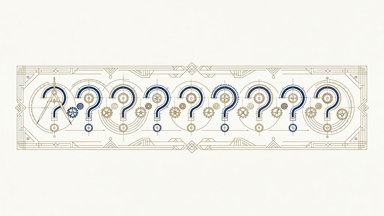 Engraved art-deco frieze of question marks formed from compass arcs and gears, a decorative divider before the FAQ