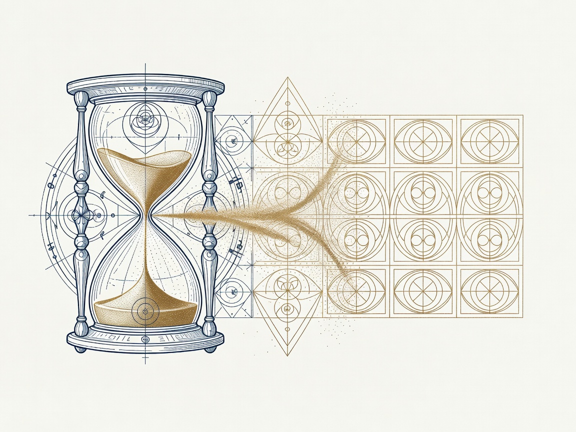 Engraved hourglass dissolving into a reusable stamped module, illustrating the shift from billing hours to a productized workflow