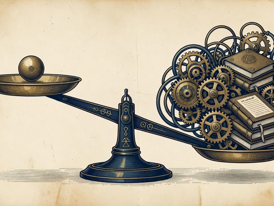 Above What you're actually paying for: an alchemical balance scale engraved in navy and brass, a tiny brass orb
