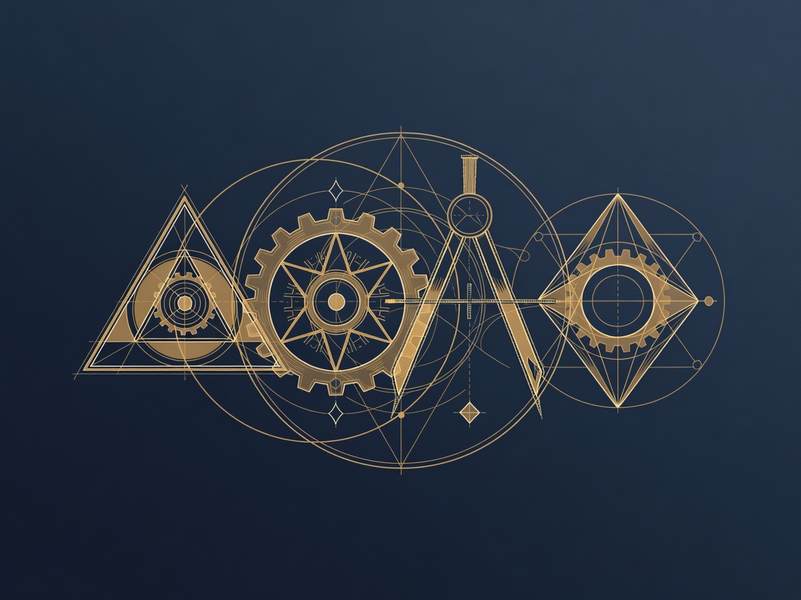 Antique-gold engraving of a triangle, gear, compass and diamond interlocking as one mechanism