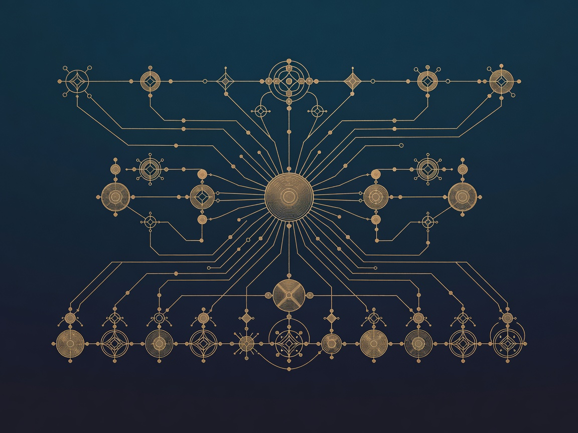 Engraved central sphere feeding brass conduits into smaller downstream mechanisms, representing general-purpose AI models and downstream systems