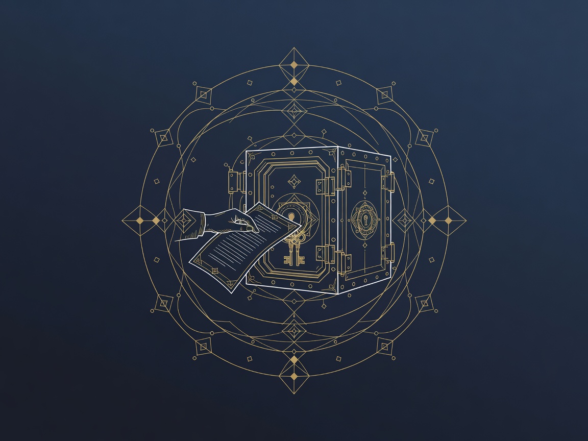An external legal hand with a subpoena reaching through a region boundary toward data keys