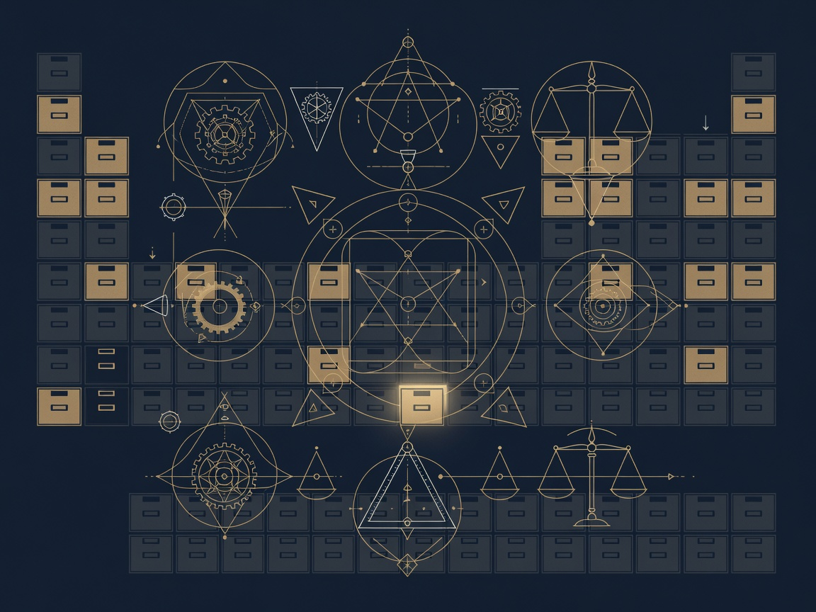 Rows of dark dormant archive drawers with a single drawer glowing gold