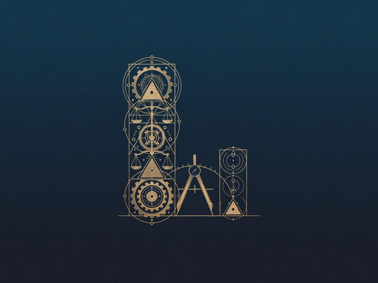 Two engraved columns, a tall one for AI adoption beside a small one for value, with a compass measuring the gap between them