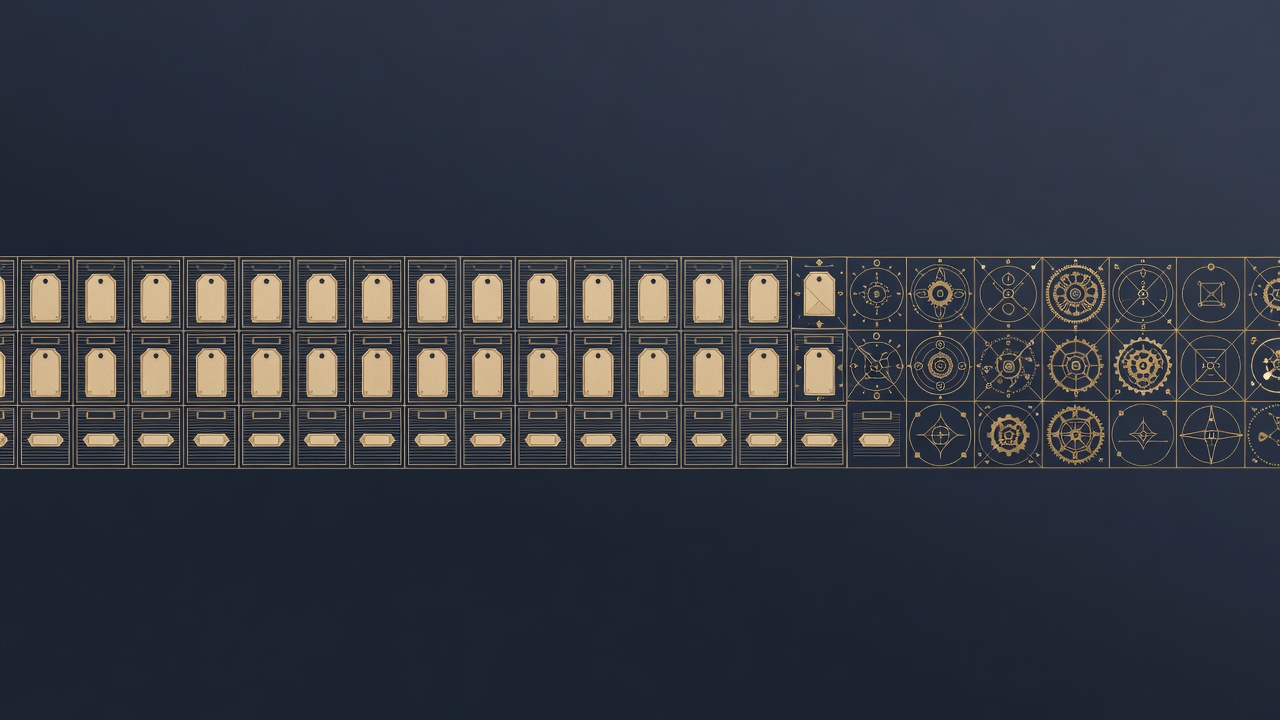 Wide engraved banner of ordered filing drawers flowing into a structured interconnected knowledge grid of orbits and gears
