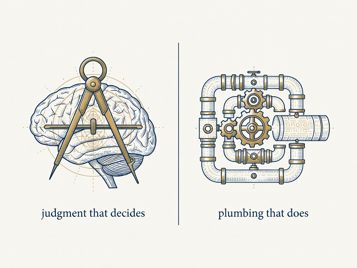 Split engraving contrasting a brain-and-compass for judgment with pipes and a database for plumbing, showing the line between skills and MCP servers