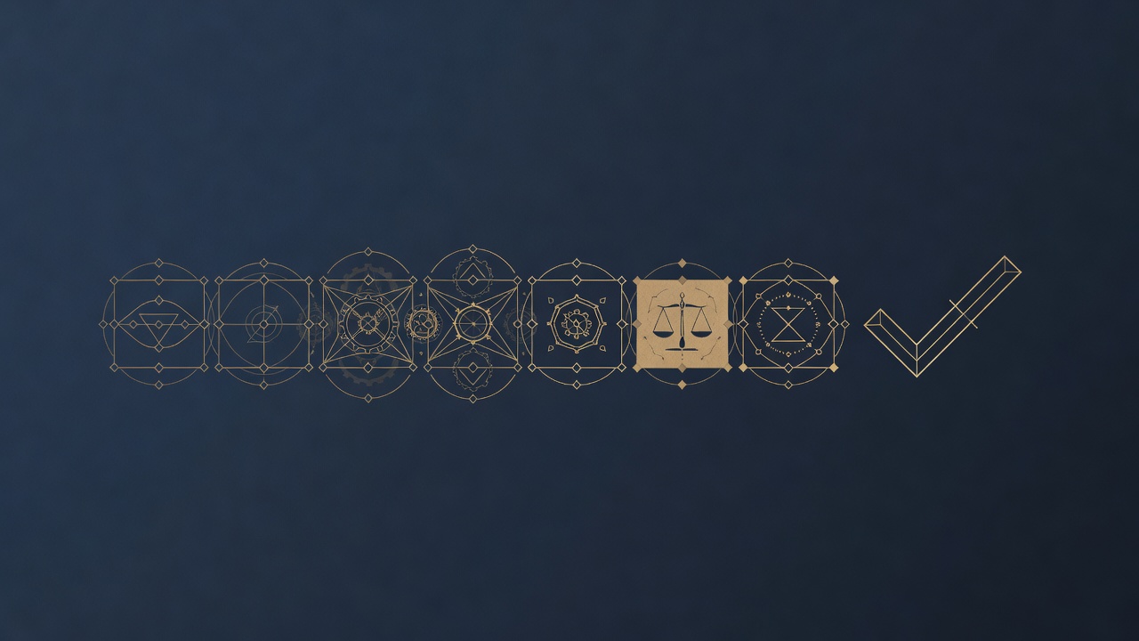 Wide banner of faint dashboard tiles dissolving into a single decisive action mark