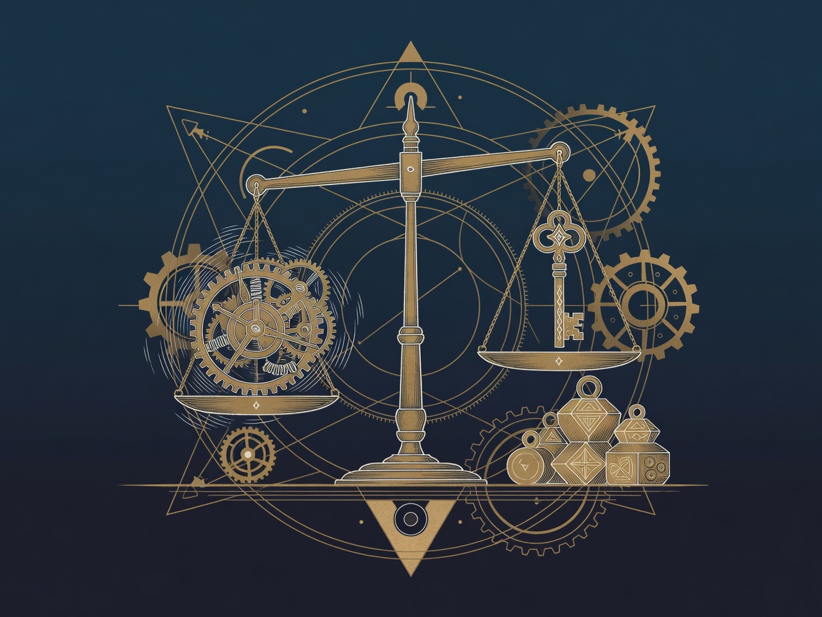 Balance scale weighing a clock mechanism against a key while ornamental weights sit unused