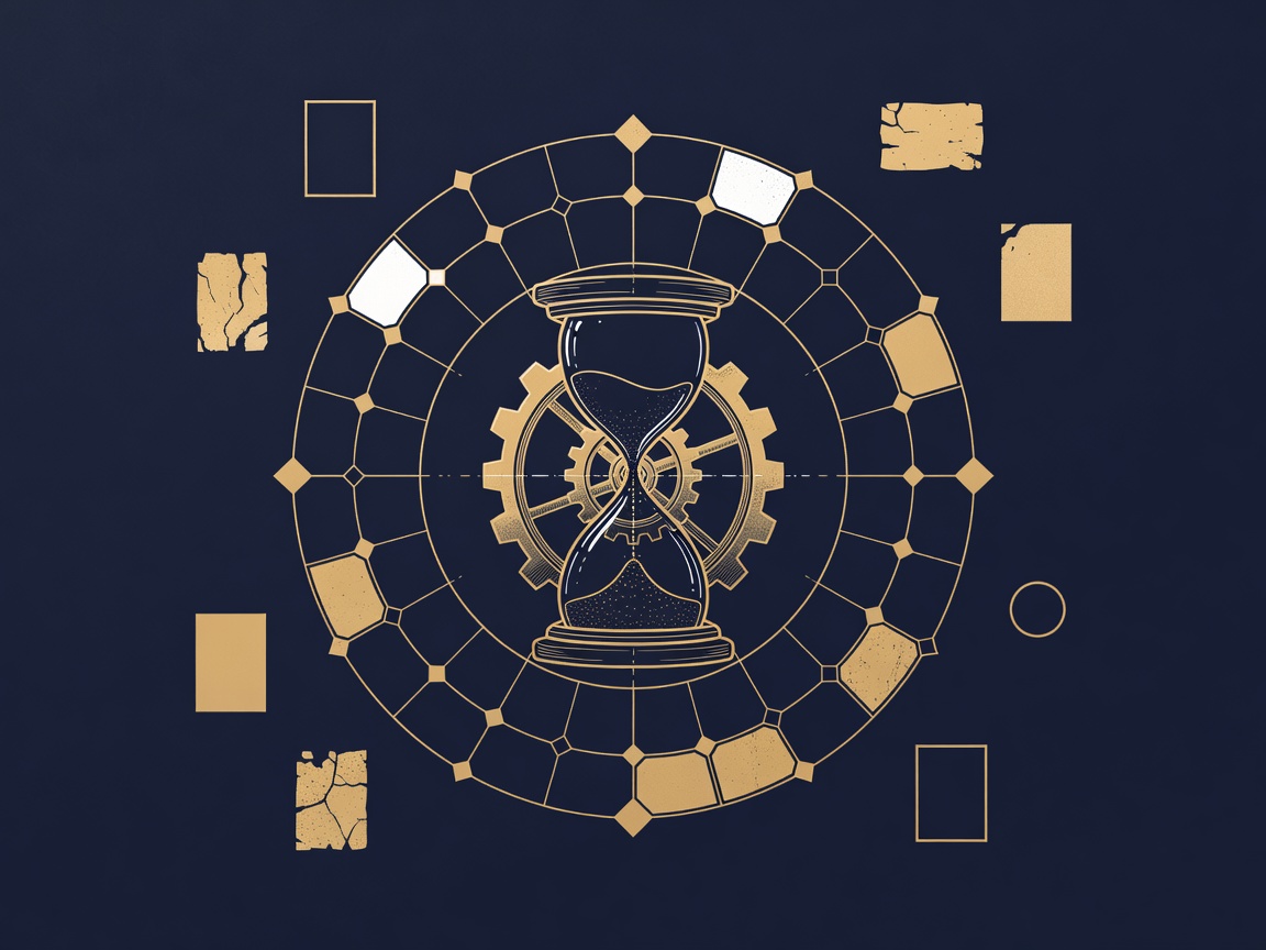 An hourglass fused with a gear and calendar dial beside fading document tiles