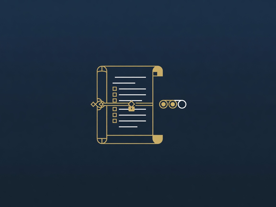 Engraved contract scroll with checkbox clauses, a brass clasp lock and a small stoplight motif, depicting AI governance written into district procurement