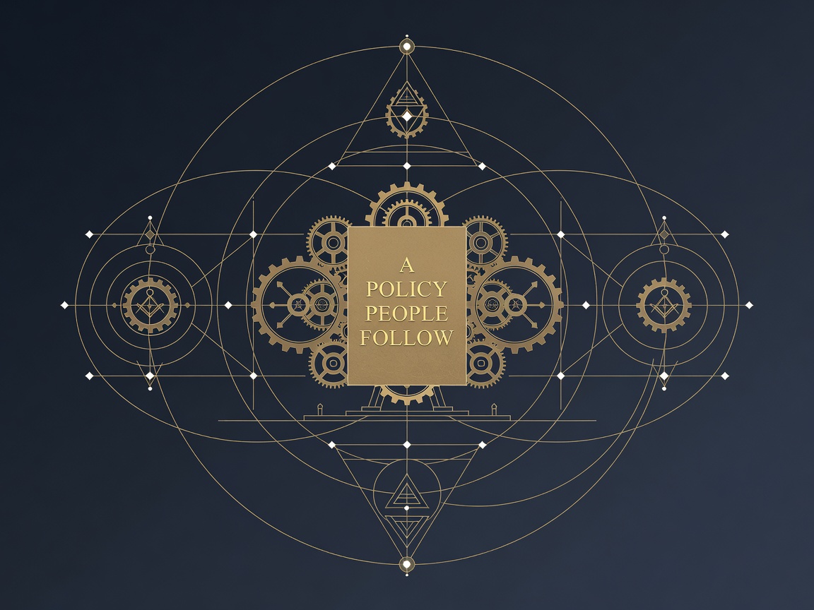 A single engraved policy tablet at the center of a small balanced council of gears