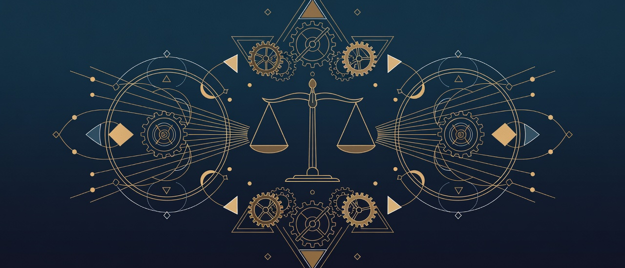 Wide geometric banner of balanced scales flanked by converging race lines, gears and orbiting rings in navy and gold