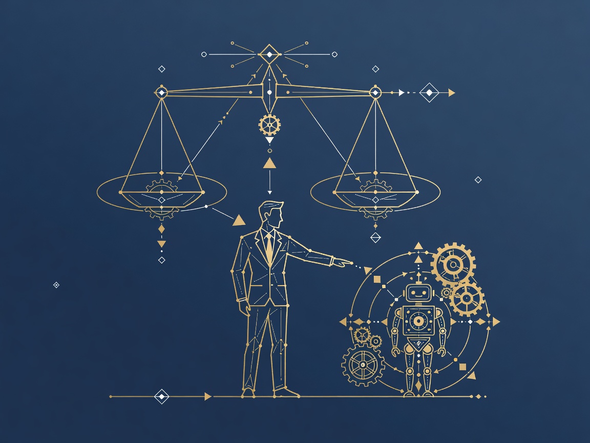 Engraving of an executive blaming a small chatbot while a scale tips responsibility back onto the executive