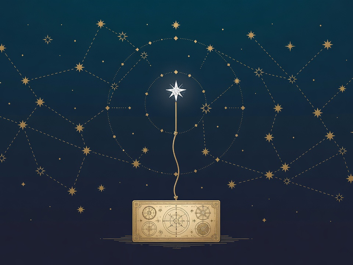 Engraved constellation of a buyer journey with only one star lit and wired to a ledger, representing what attribution can actually see