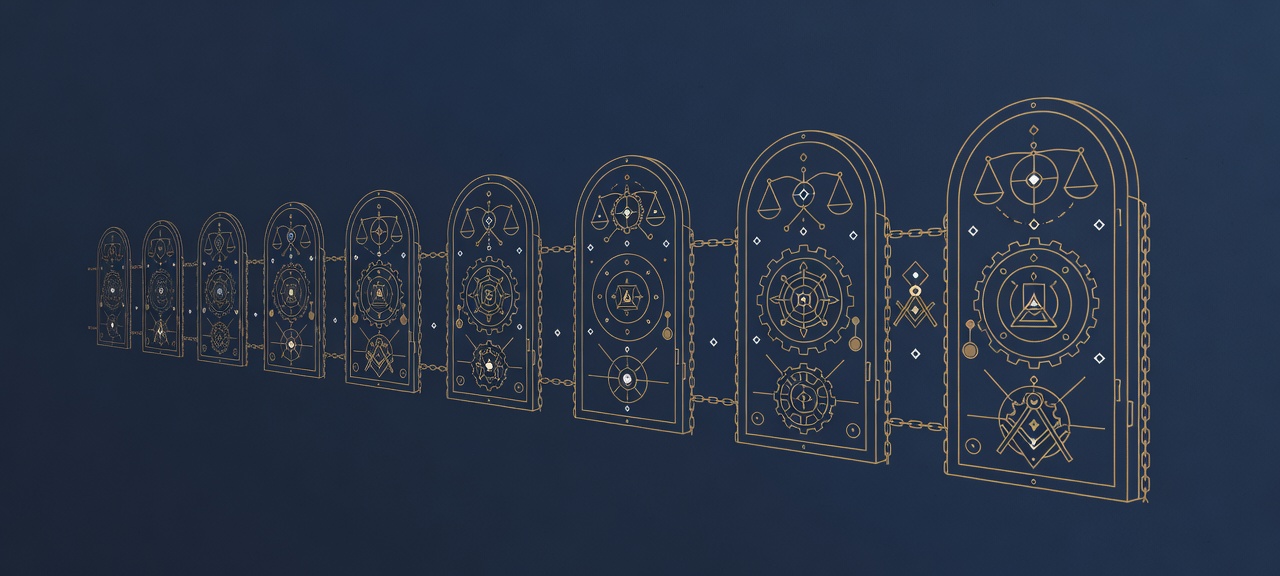 Wide engraved frieze of chained vault doors receding to a vanishing point, a section break for the fine-tuned model ownership FAQ