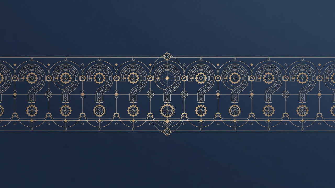 Engraved art-deco frieze of question marks formed from compass arcs and gears, a decorative divider before the FAQ