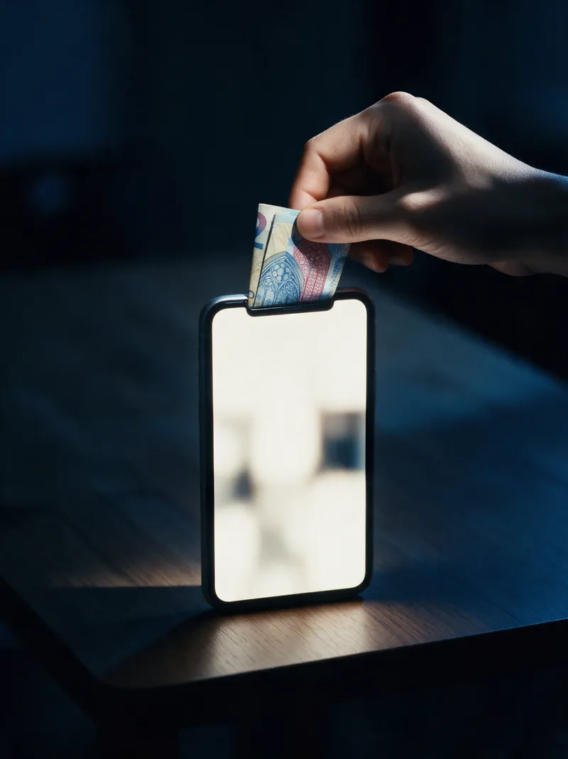 Di notte una mano infila una banconota da cinquanta euro nella fessura in cima a uno smartphone, come in una slot machine