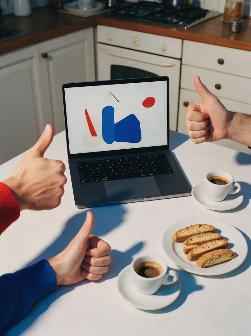Tavolo di cucina visto dall'alto con un portatile, tre tazzine di caffè, i biscotti e tre mani che fanno il pollice in su