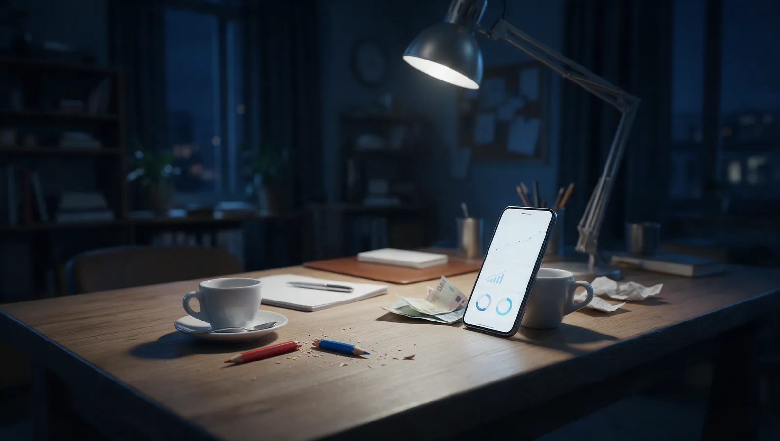 Scrivania di casa alle undici di sera, una sola lampada accesa, uno smartphone con un grafico piatto, banconote accartocciate e una matita rossa e blu spezzata in due
