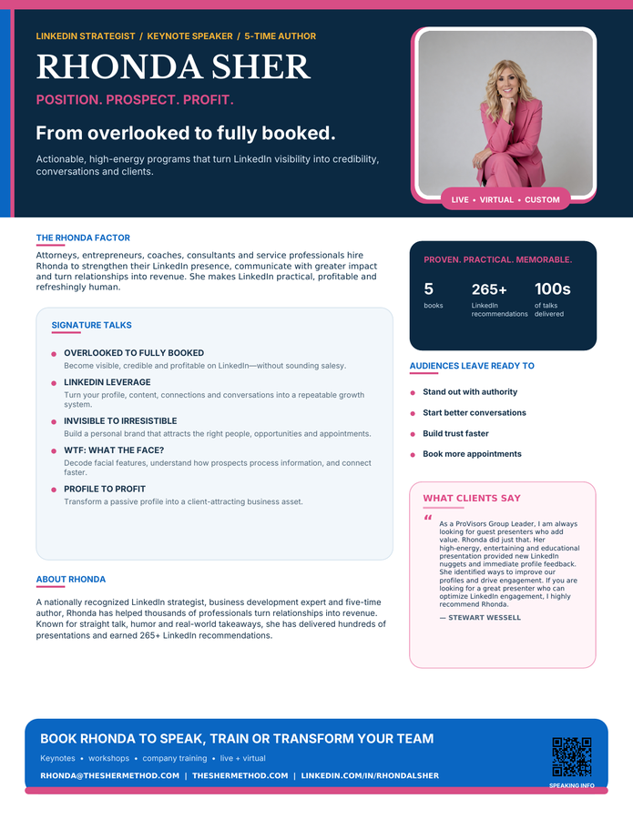 Rhonda Sher speaker one sheet, page one