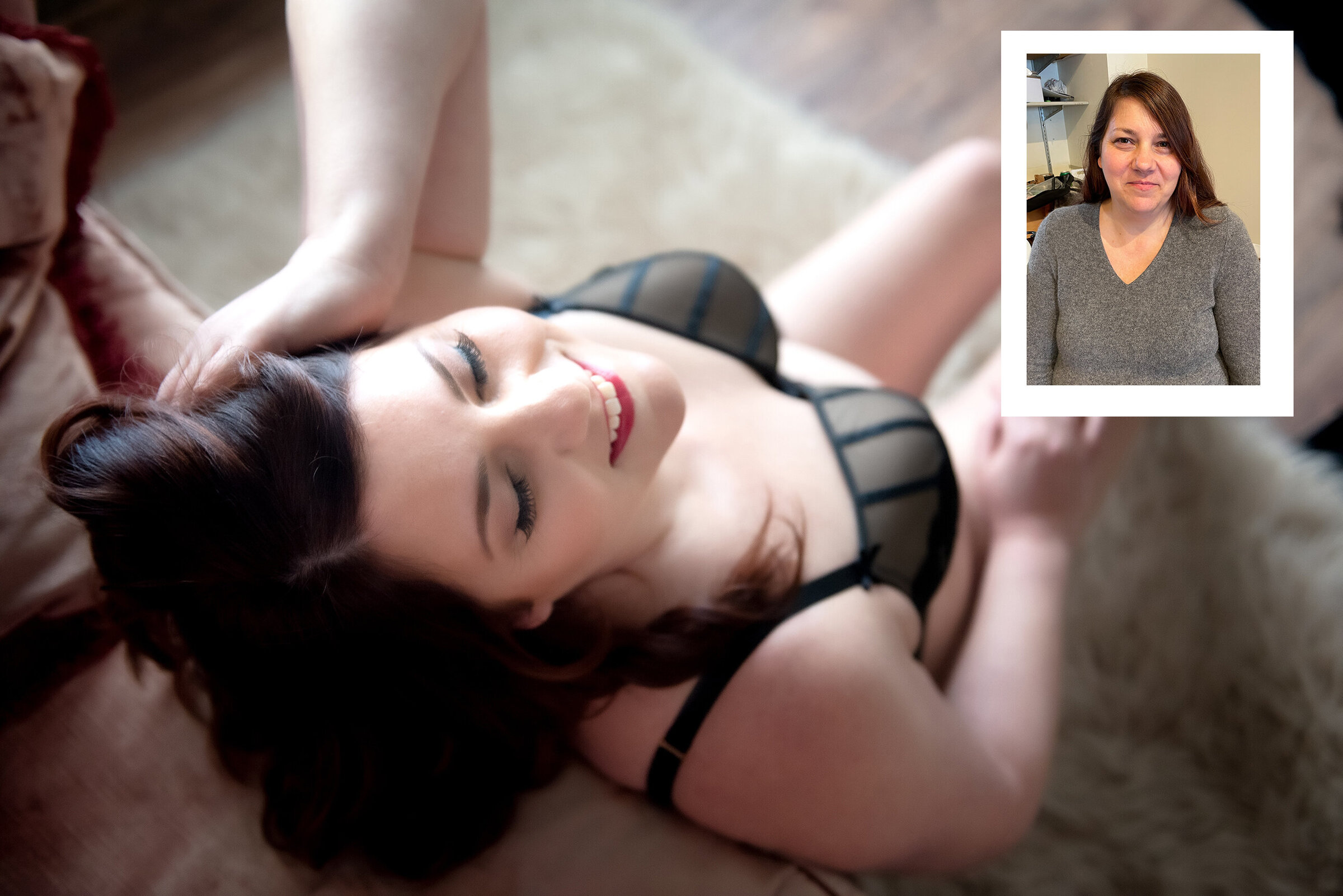 before and after photo of woman in teal lingerie