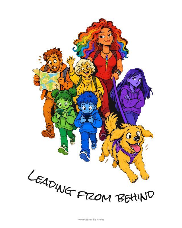 Leading from behind art print, a rainbow-haired woman walking her family and dog