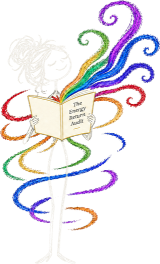 Nadine's rainbow lady, a stick woman reading The Energy Return Audit