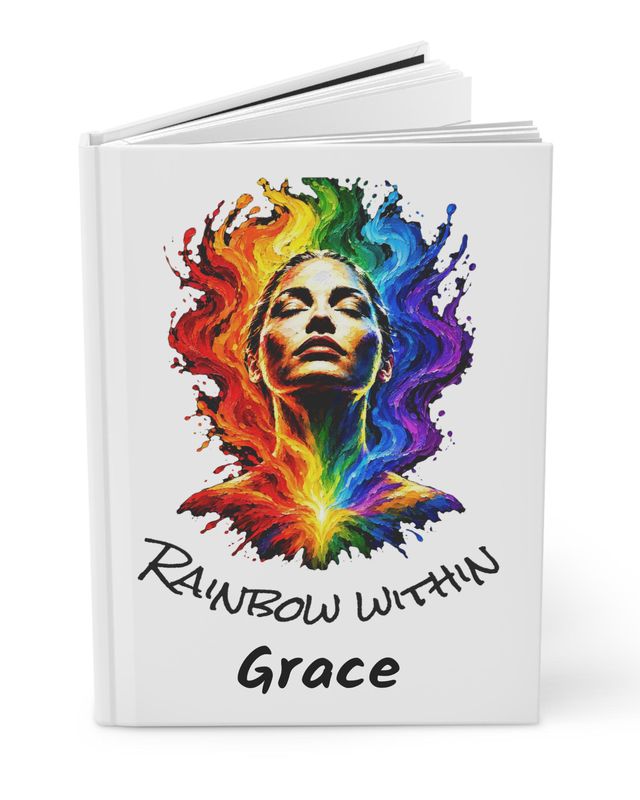 A hardcover journal with Rainbow Within and the name Grace on the cover