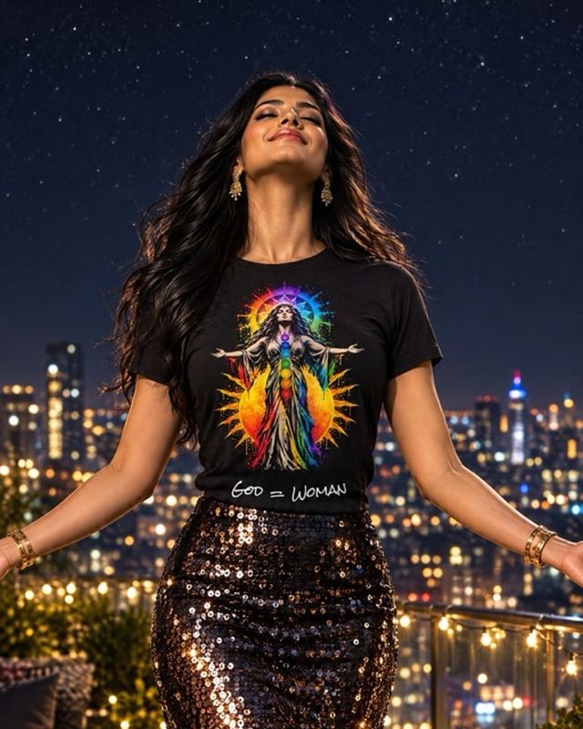 A young woman on a rooftop at night in the God = Woman T-shirt