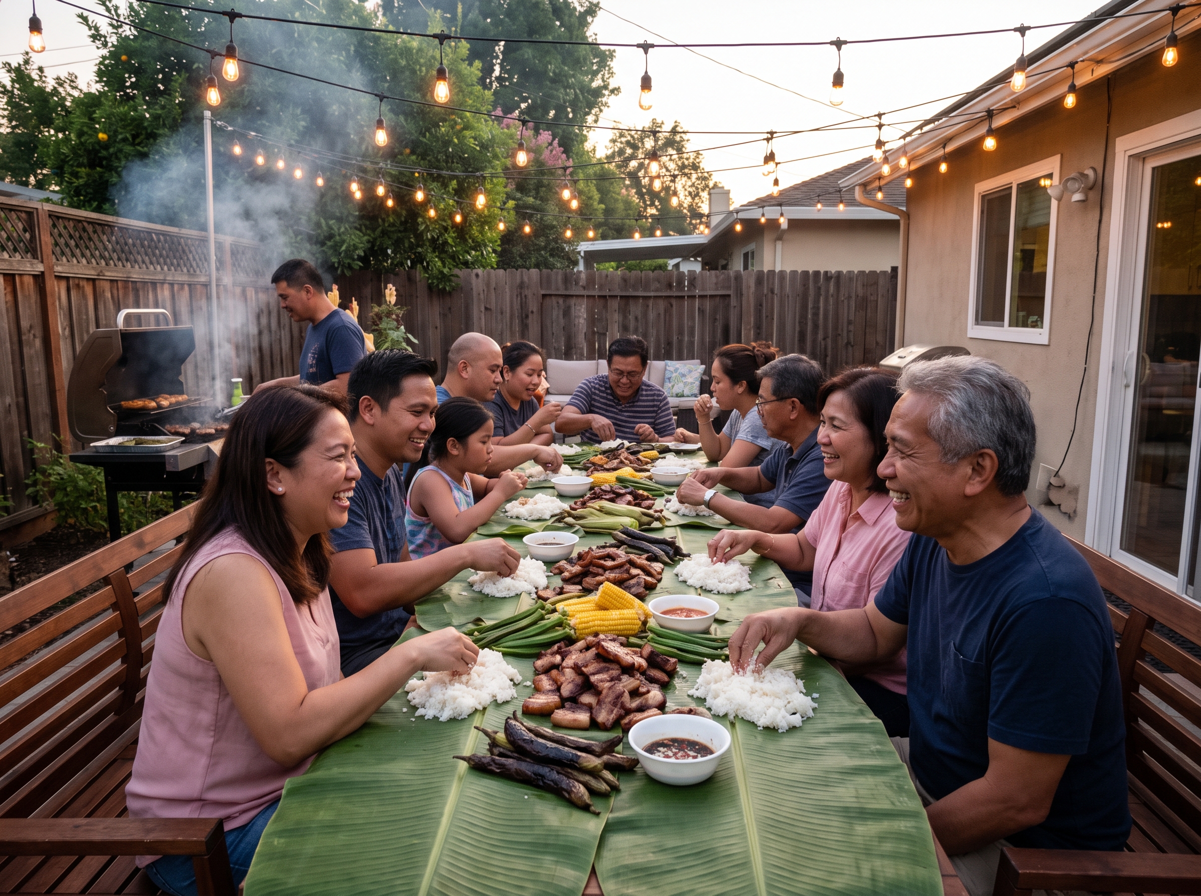 A long table lined with banana leaves piled high with grilled Filipino liempo, rice, and grilled vegetables, a Filipino family gathered around eating with their hands, string lights overhead, dusk lighting, warm and joyful atmosphere, backyard fiesta setting, documentary food photography style, no visible logos or text