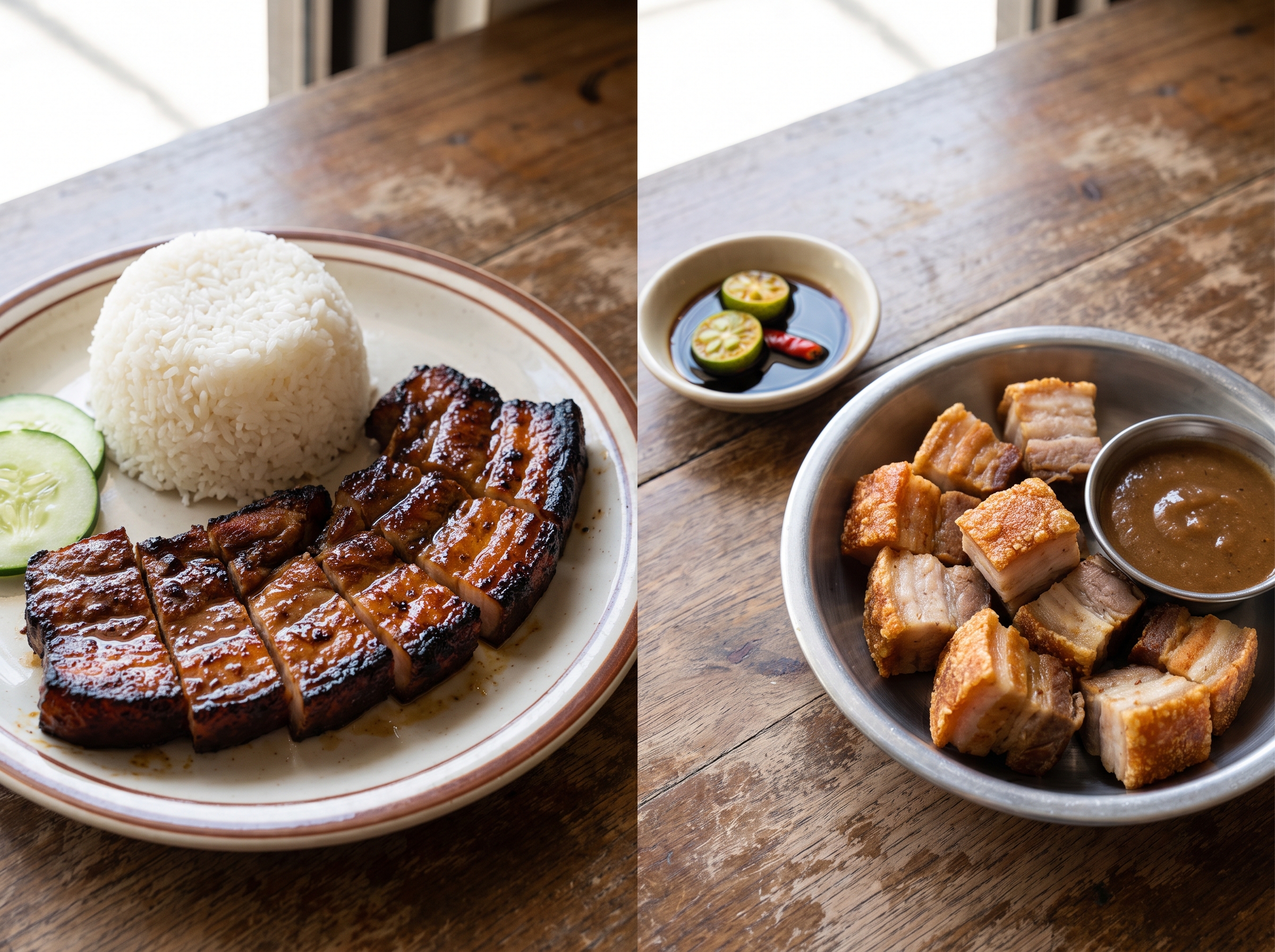 Split-composition food photography: on one side grilled liempo with charred caramelized edges on a plate with rice, on the other side cubed lechon kawali with crackling golden-brown skin and lechon sauce, both on a wooden table with a small dish of toyomansi between them, natural daylight, appetizing close-up food photography style