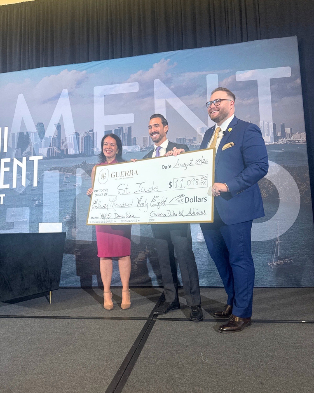 Fabian Guerra and Sebastian Guerra of Guerra Wealth Advisors during the St. Jude donation at the 2026 Miami Retirement Summit in Coral Gables