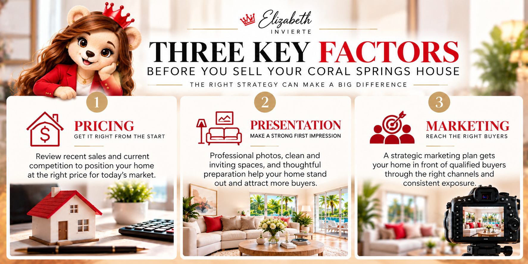 Three key factors for selling a house in Coral Springs, Florida: strategic pricing, professional presentation, and targeted real estate marketing. Elizabeth Piscocama, REALTOR®.