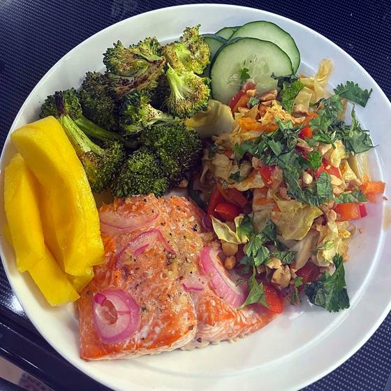 Roasted salmon with broccoli and a bright slaw