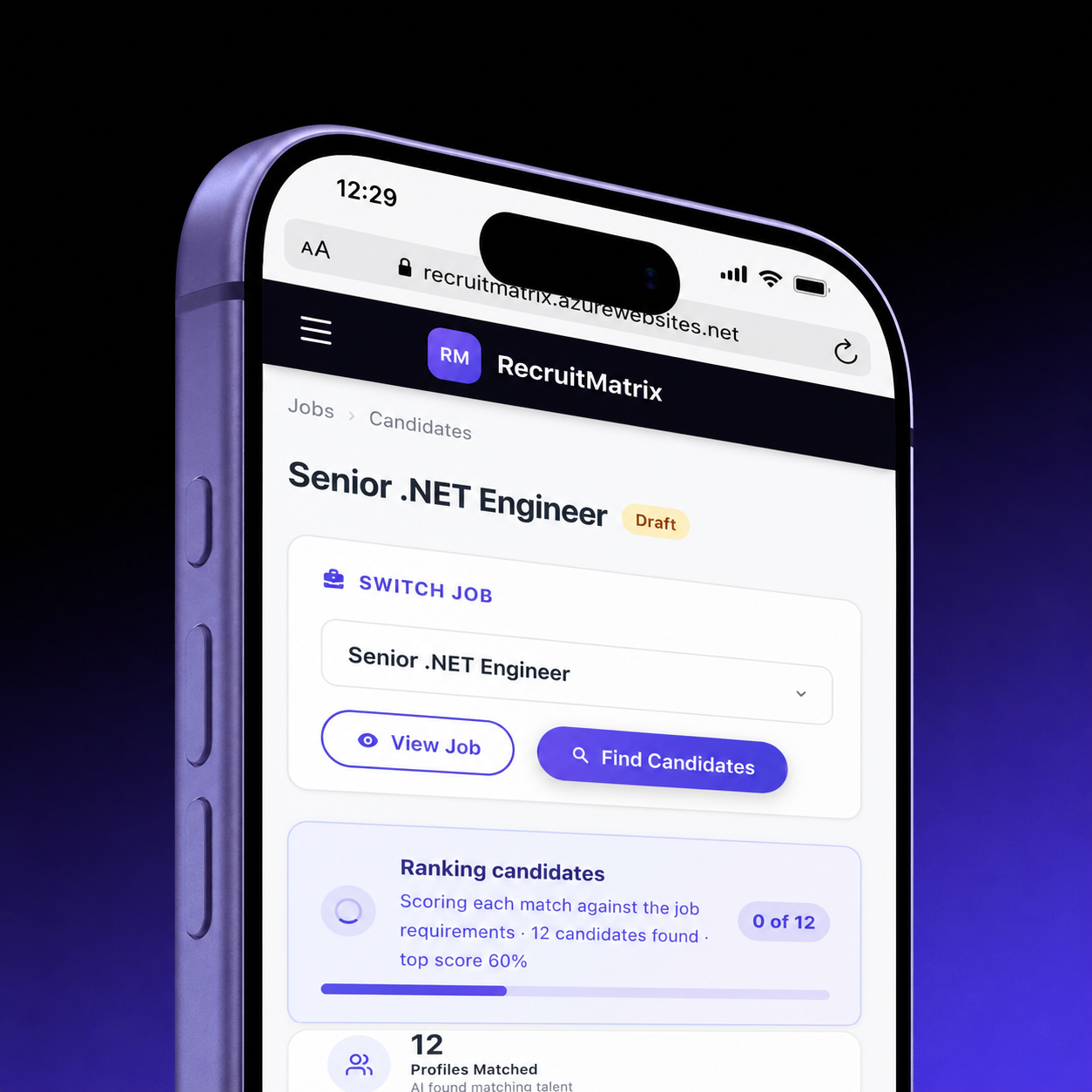 Recruit Matrix business profile job listing on mobile