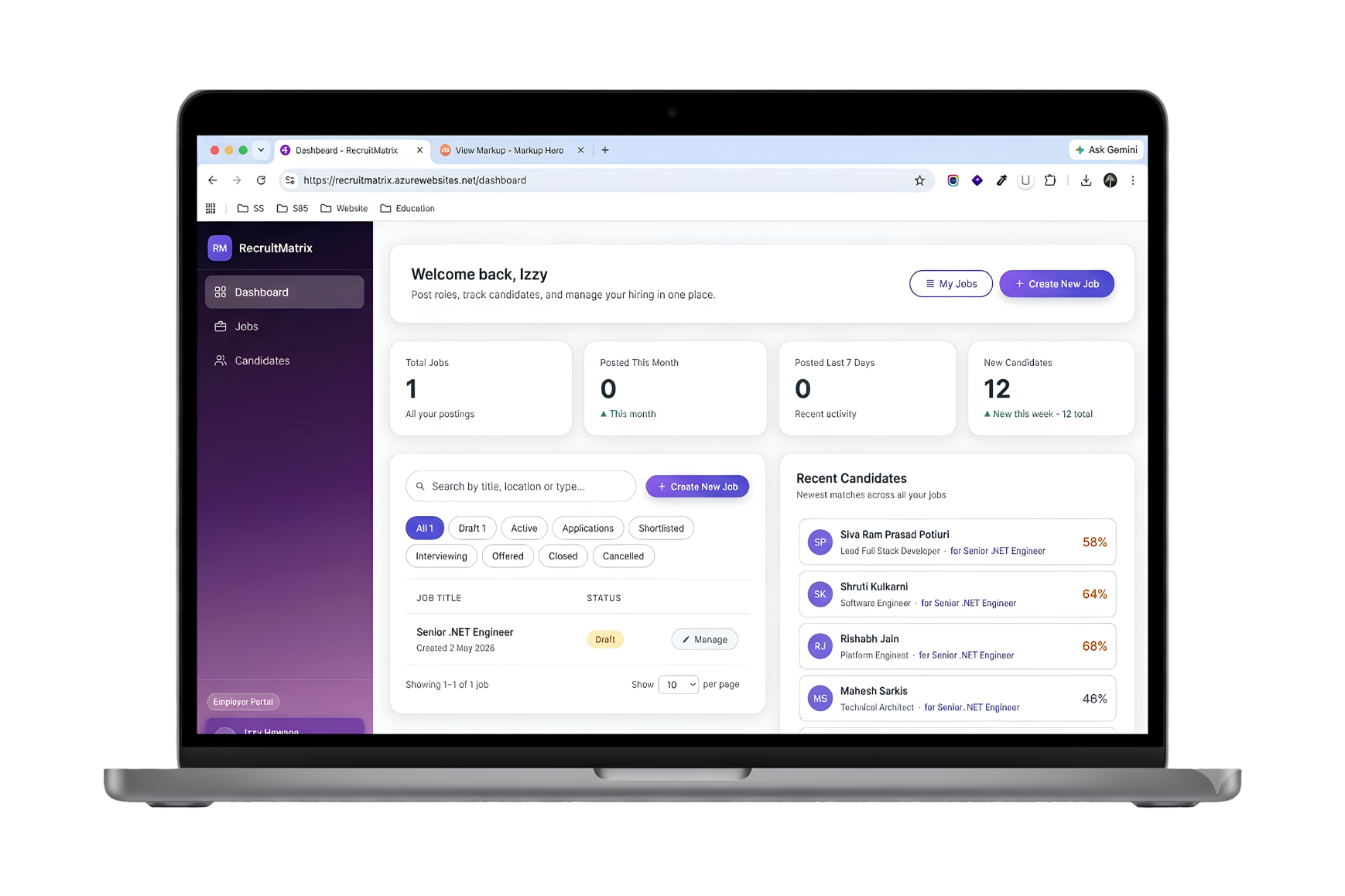 Recruit Matrix business profile dashboard