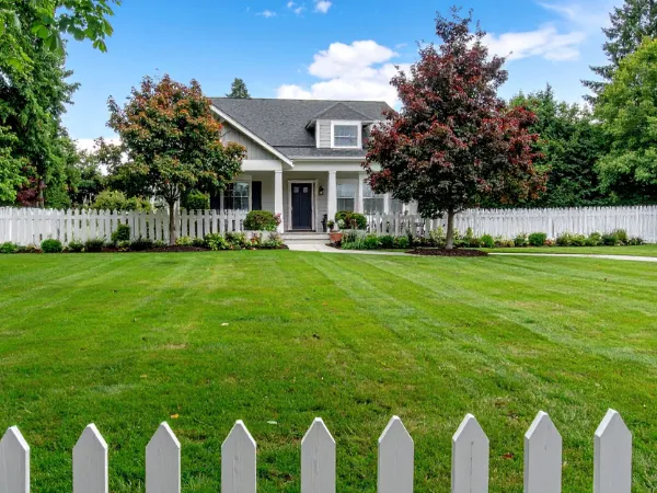 Well maintained front yard with healthy grass and trimmed trees in San Tan Valley.