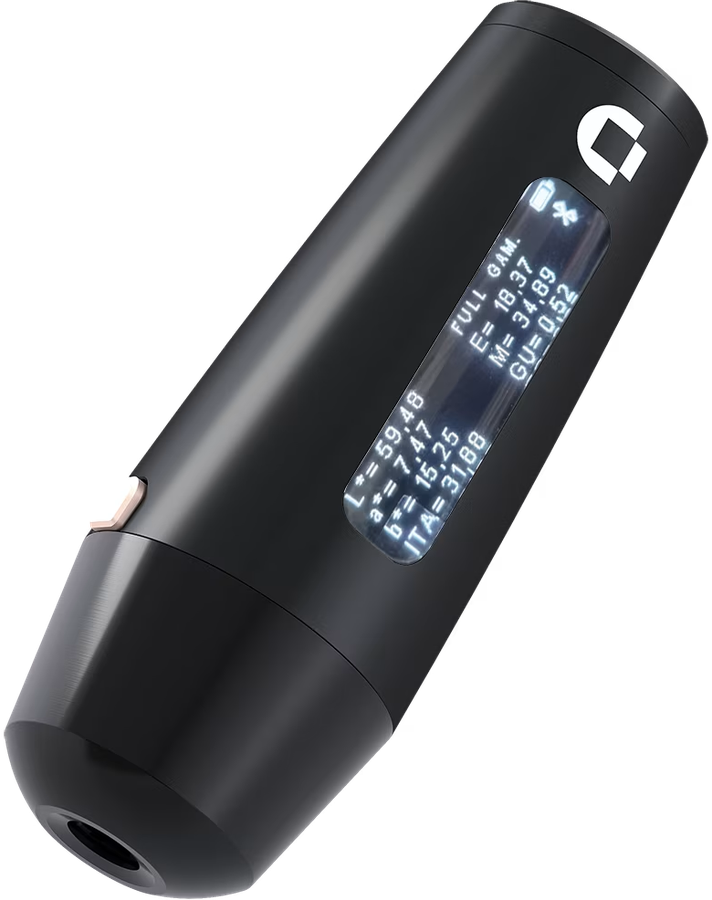 The Colorimeter DSM-4 handheld probe, its display showing color values
