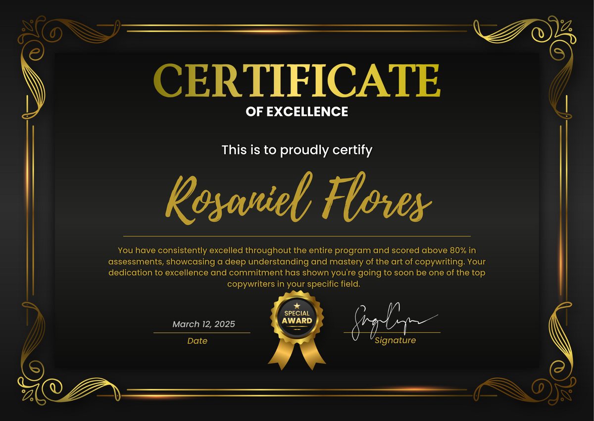 Filipino Copywriting Academy certificate of excellence in copywriting awarded to Rosaniel Flores, March 12, 2025