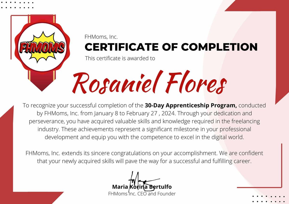 FHMoms, Inc. certificate of completion for the 30-Day Apprenticeship Program awarded to Rosaniel Flores