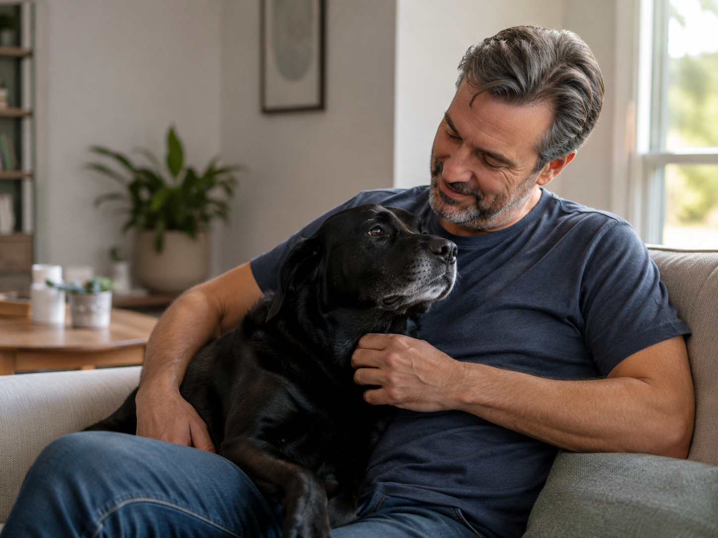 Middle-aged man interacting naturally with an Emotional Support Animal at home