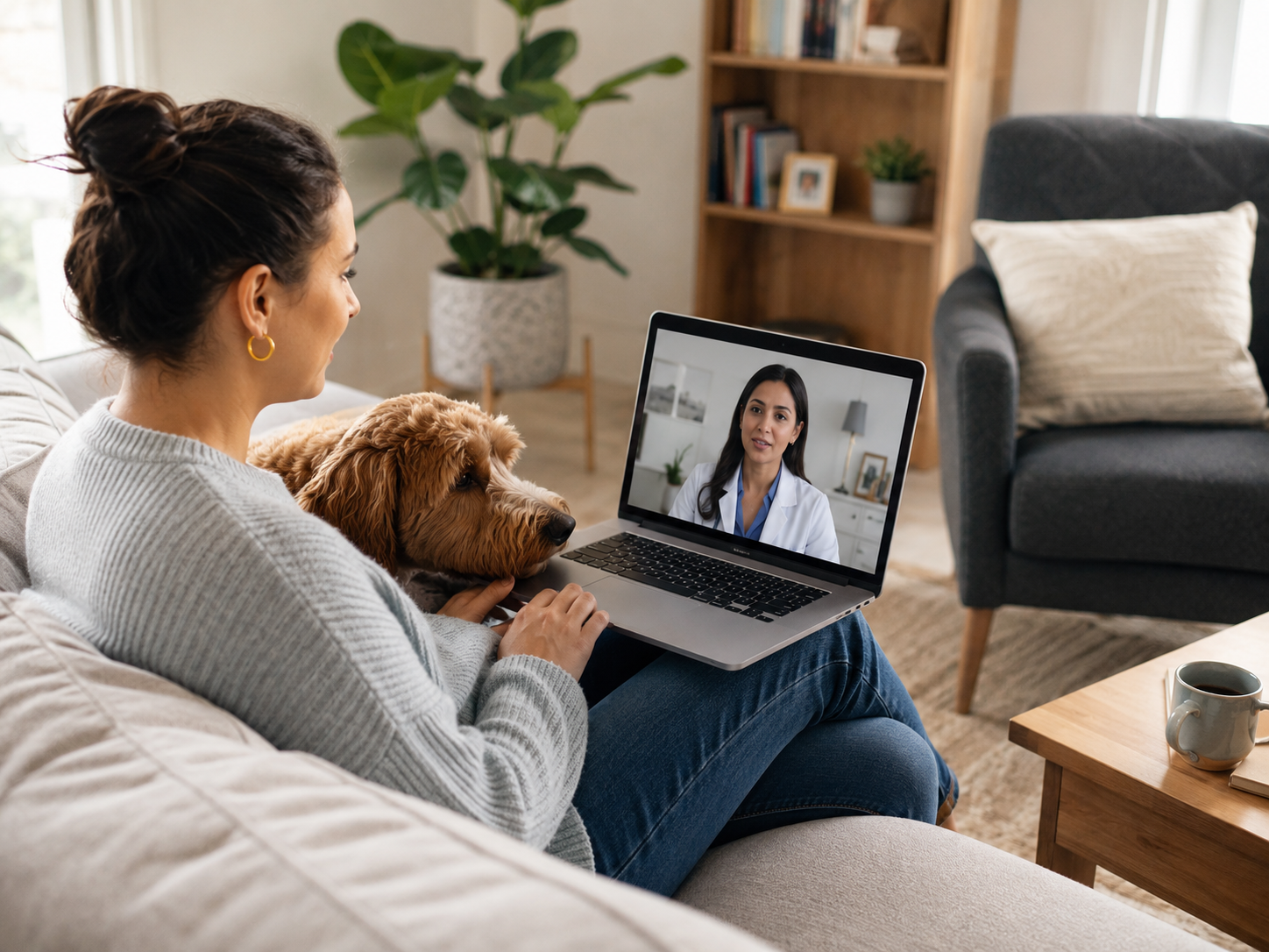 Client at home with a dog participating in a professional telehealth appointment