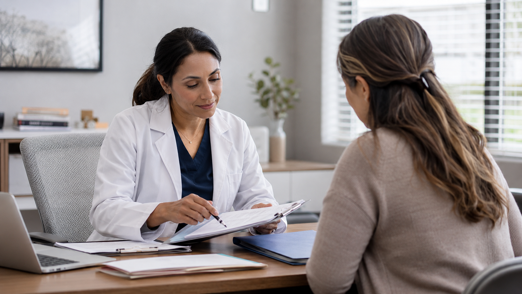Compassionate medical professional reviewing records with a surviving family member