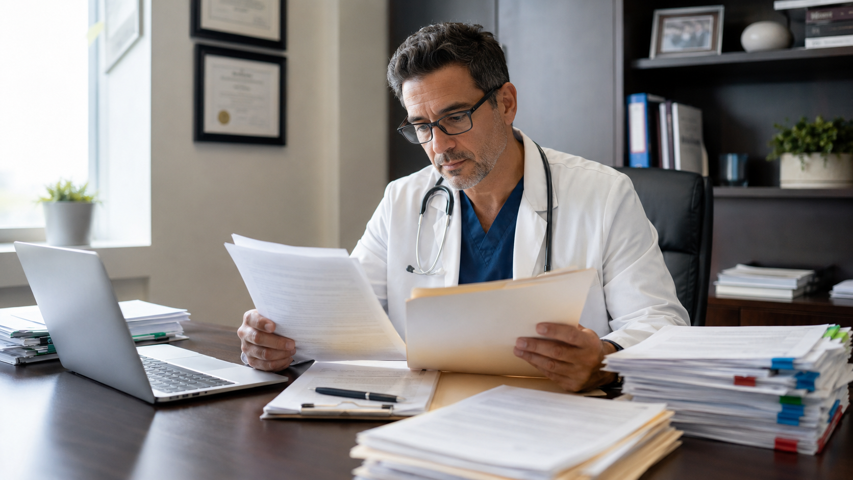 Medical provider reviewing a death certificate, treatment records, service records, and supporting medical documentation