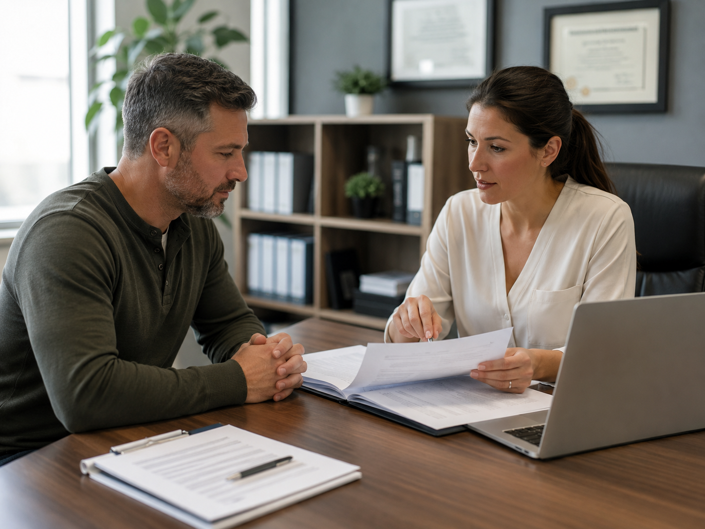 Veteran in civilian clothing reviewing records with a professional medical case analyst