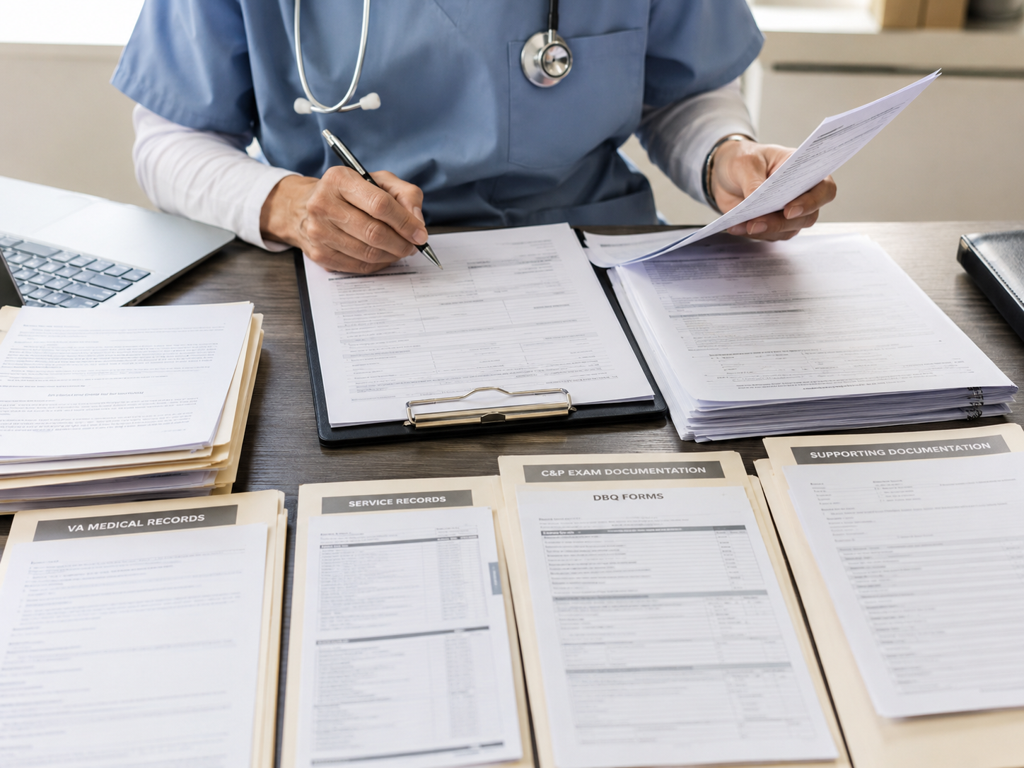 Medical professional reviewing organized VA medical records, service records, C&P documentation, DBQs, and supporting evidence