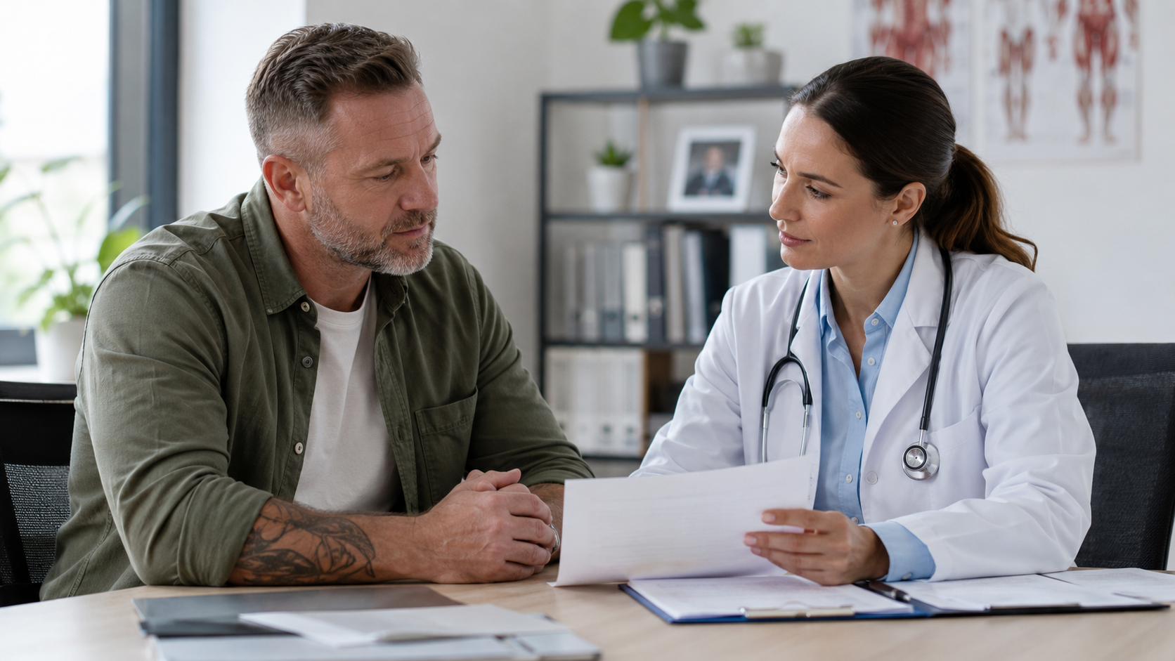 Veteran reviewing medical documentation with a healthcare professional