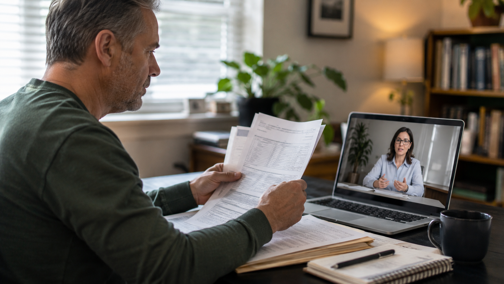 Veteran reviewing records during a telehealth medical consultation