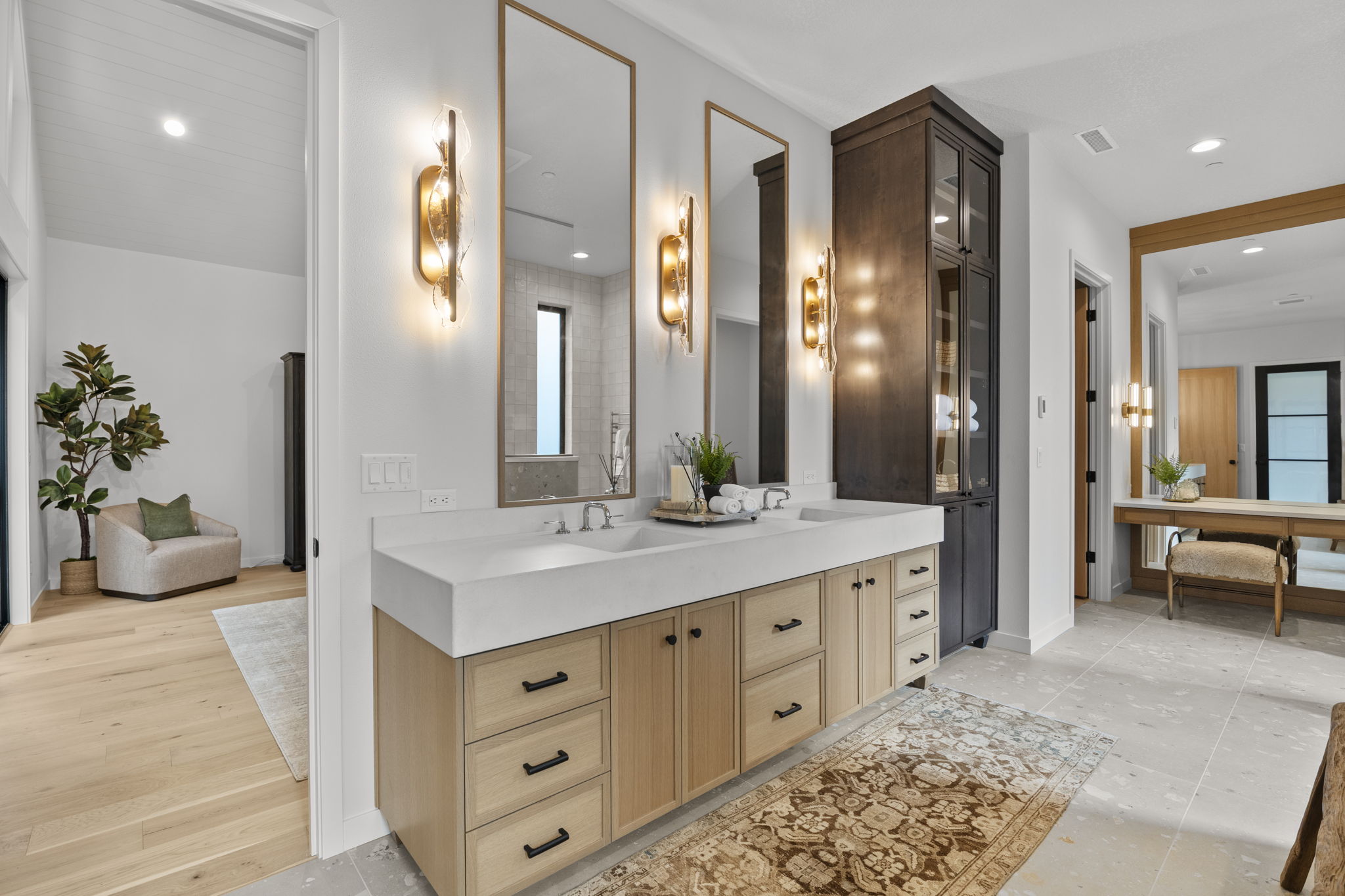 Bathroom with double vanity and walk-in shower