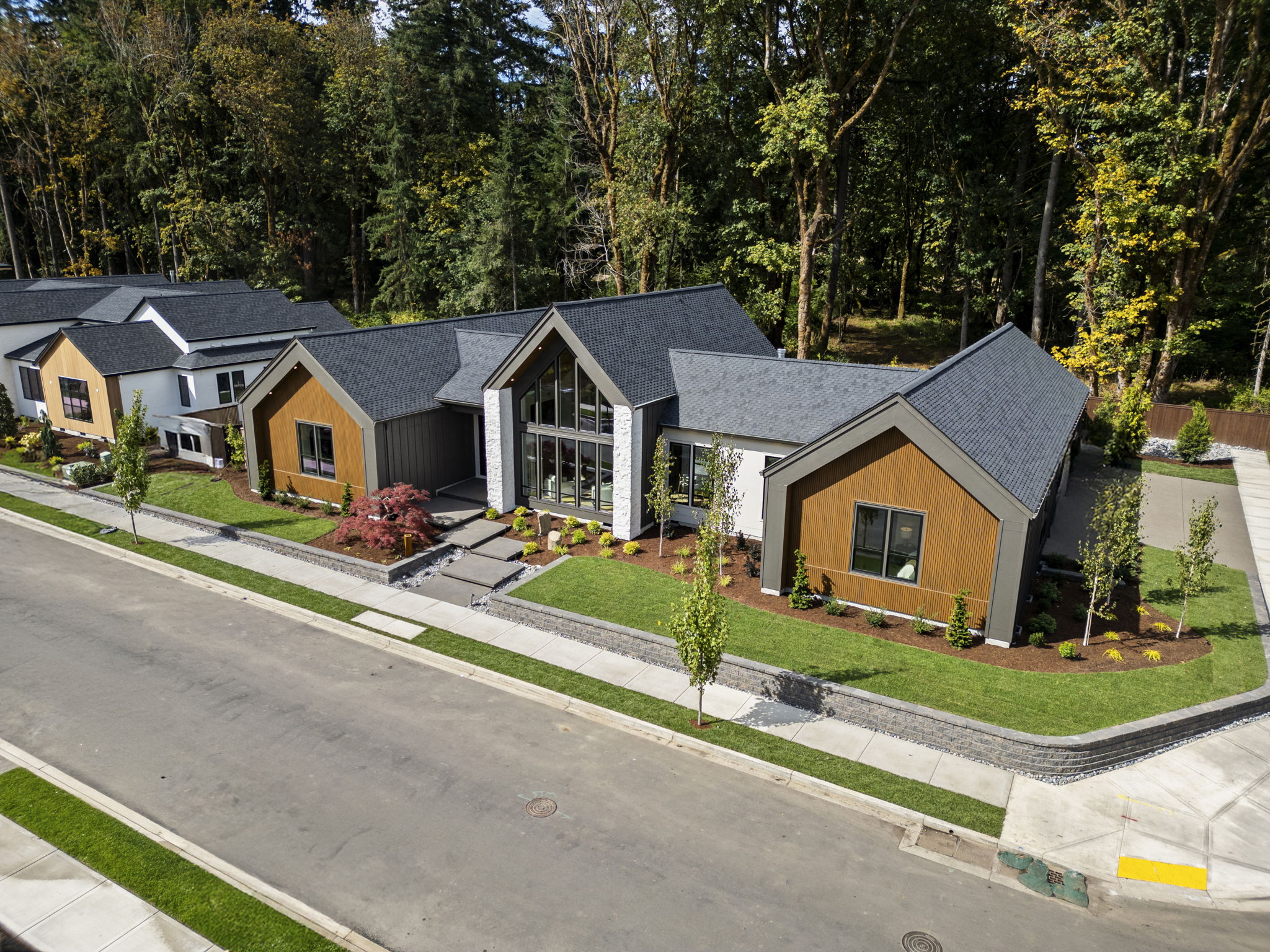 Aerial view of contemporary home and streetscape